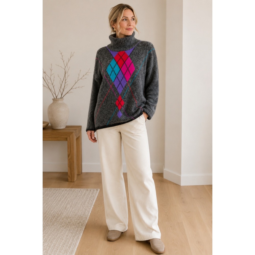 Valerie Stevens Gray Argyle Angora Wool Turtleneck Sweater L Vtg 90s Soft Preppy